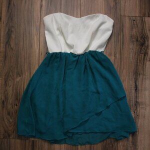 Deb VTG Strapless White and Green/Teal Dress S